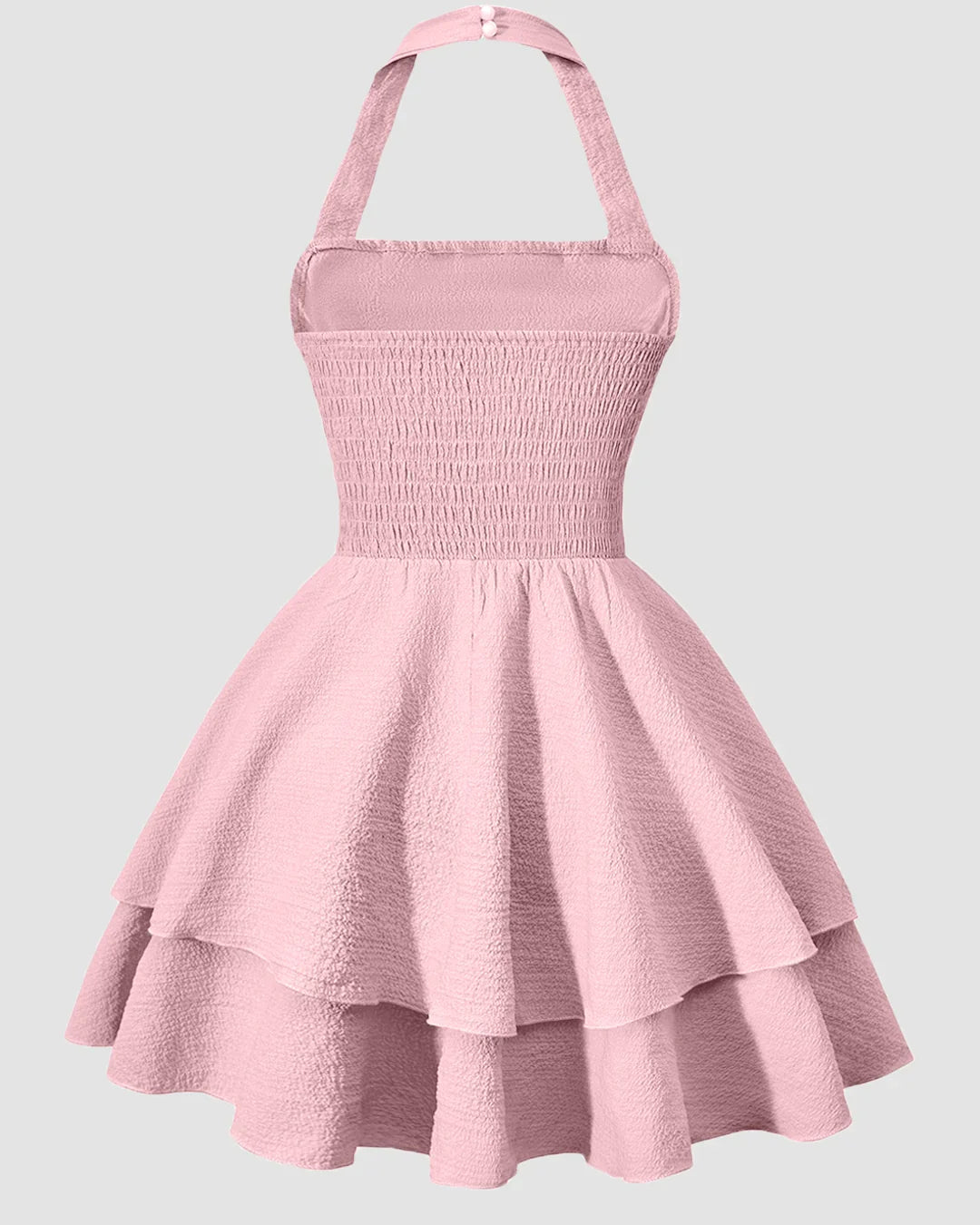 Halter Neck Ruched Waist Tiered Mini Dress in Baby Pink
