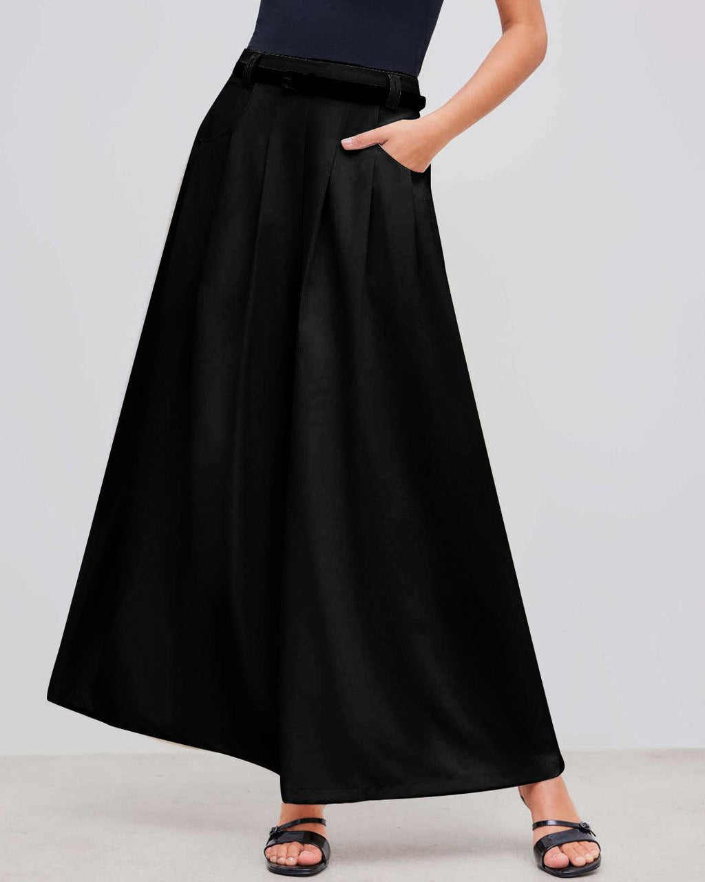 Mid-Rise Woven Black Wide-Leg Pleated Trousers Without Belt