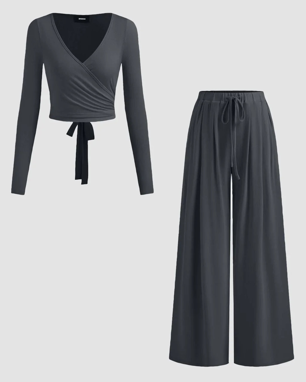 Long Sleeve Wrap Top & Wide-Leg Trousers Co-ords Set in Dark Grey