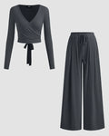 Long Sleeve Wrap Top & Wide-Leg Trousers Co-ords Set in Dark Grey