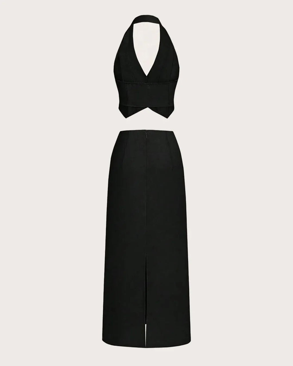 Solid Color Crop Hang Neck Vest & High Slit Straight Skirt
