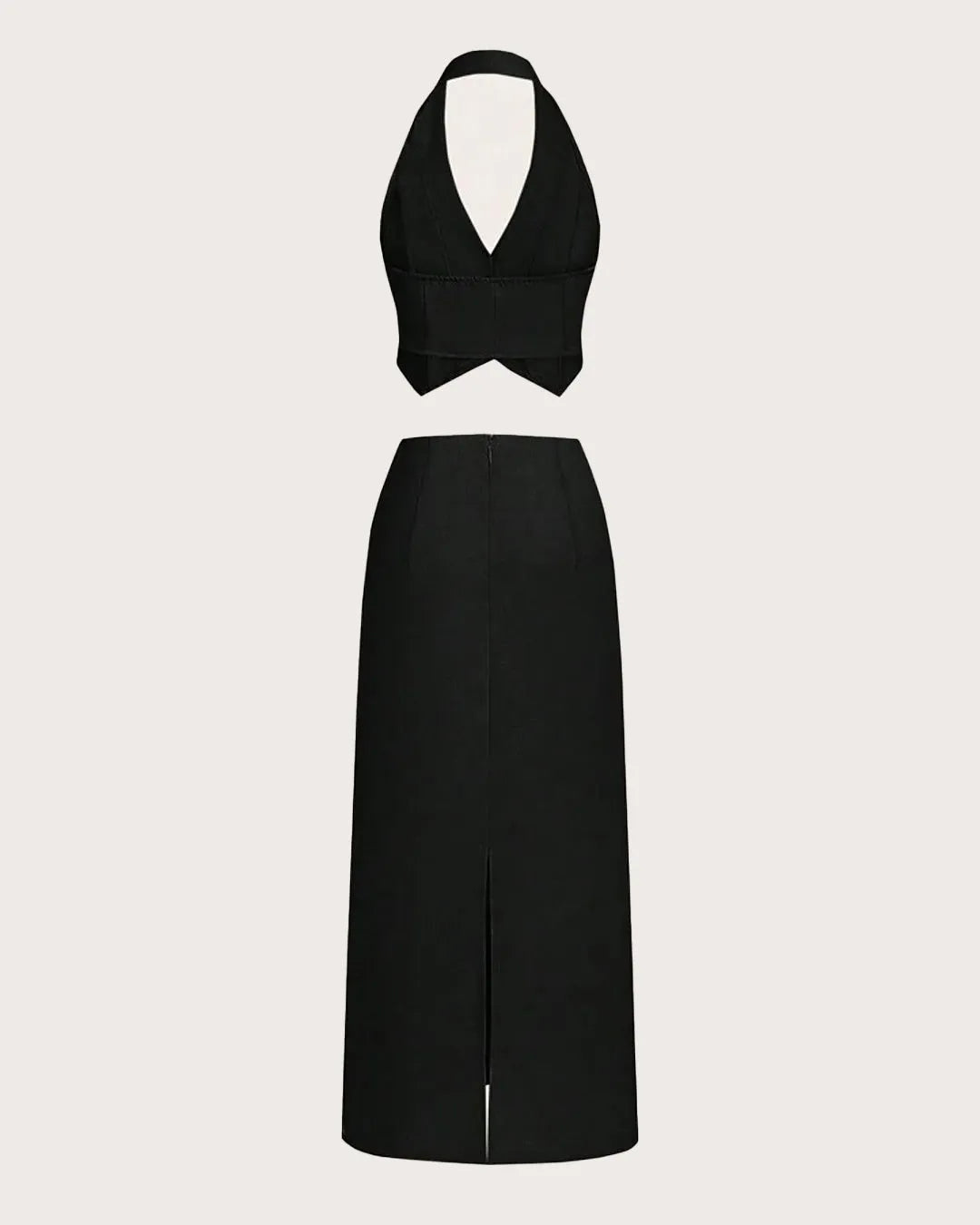 Solid Color Crop Hang Neck Vest & High Slit Straight Skirt