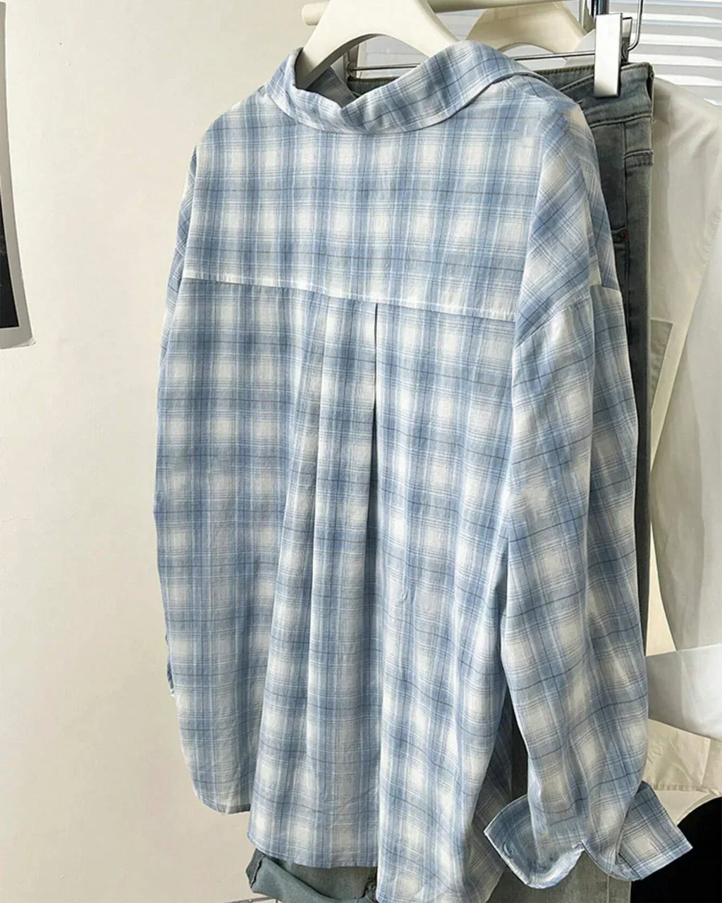 Checkered Front Button Collar Long Sleeve Shirt