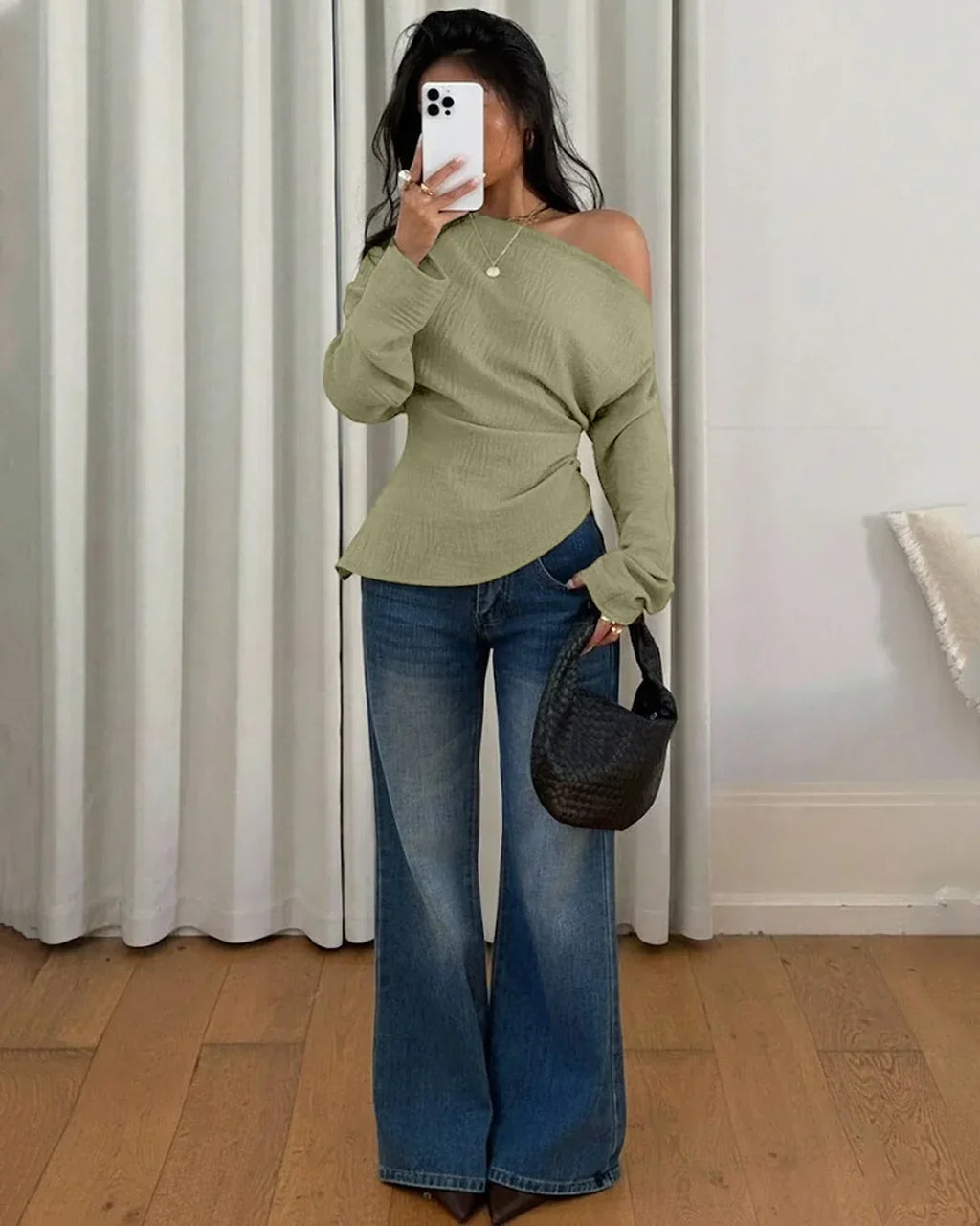 Off-Shoulder Solid Color Asymmetrical Neck Top in Herbal