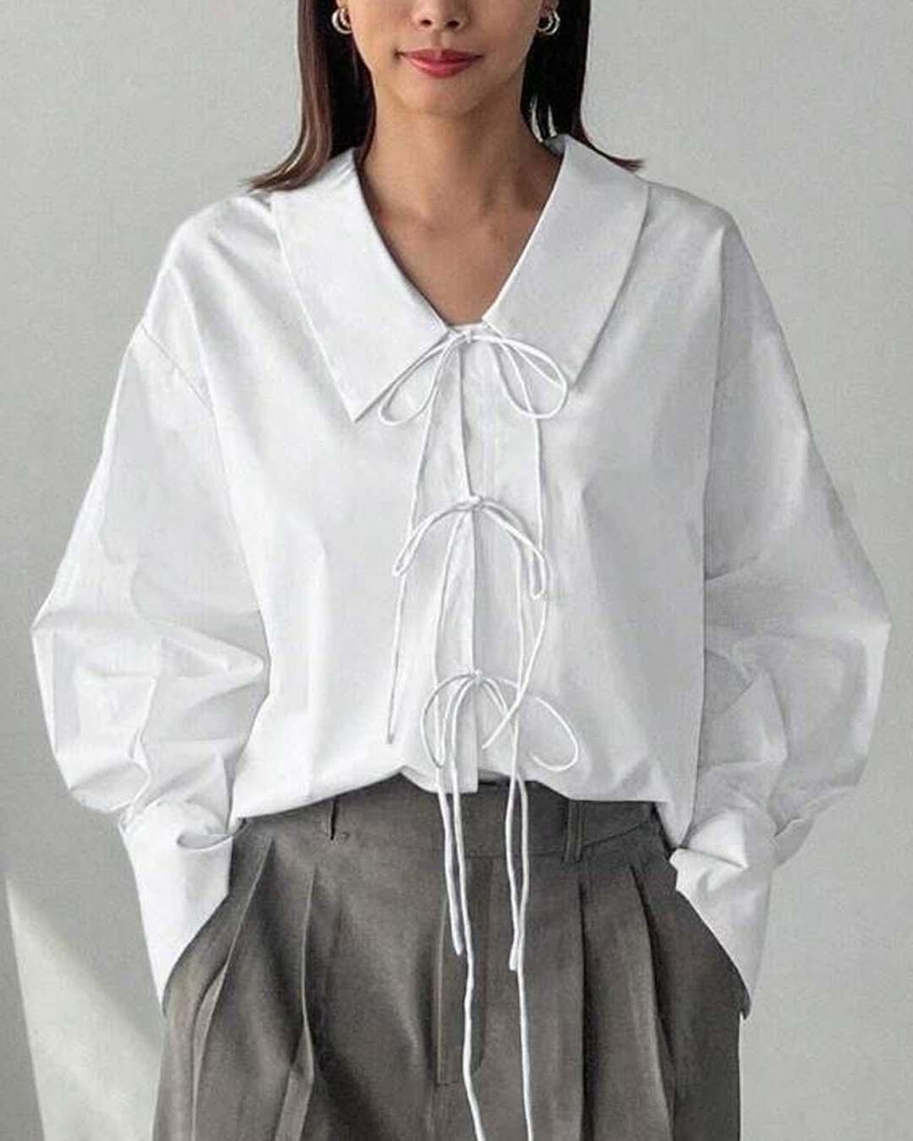 Solid Lace Up Long Sleeve Solid White Shirt