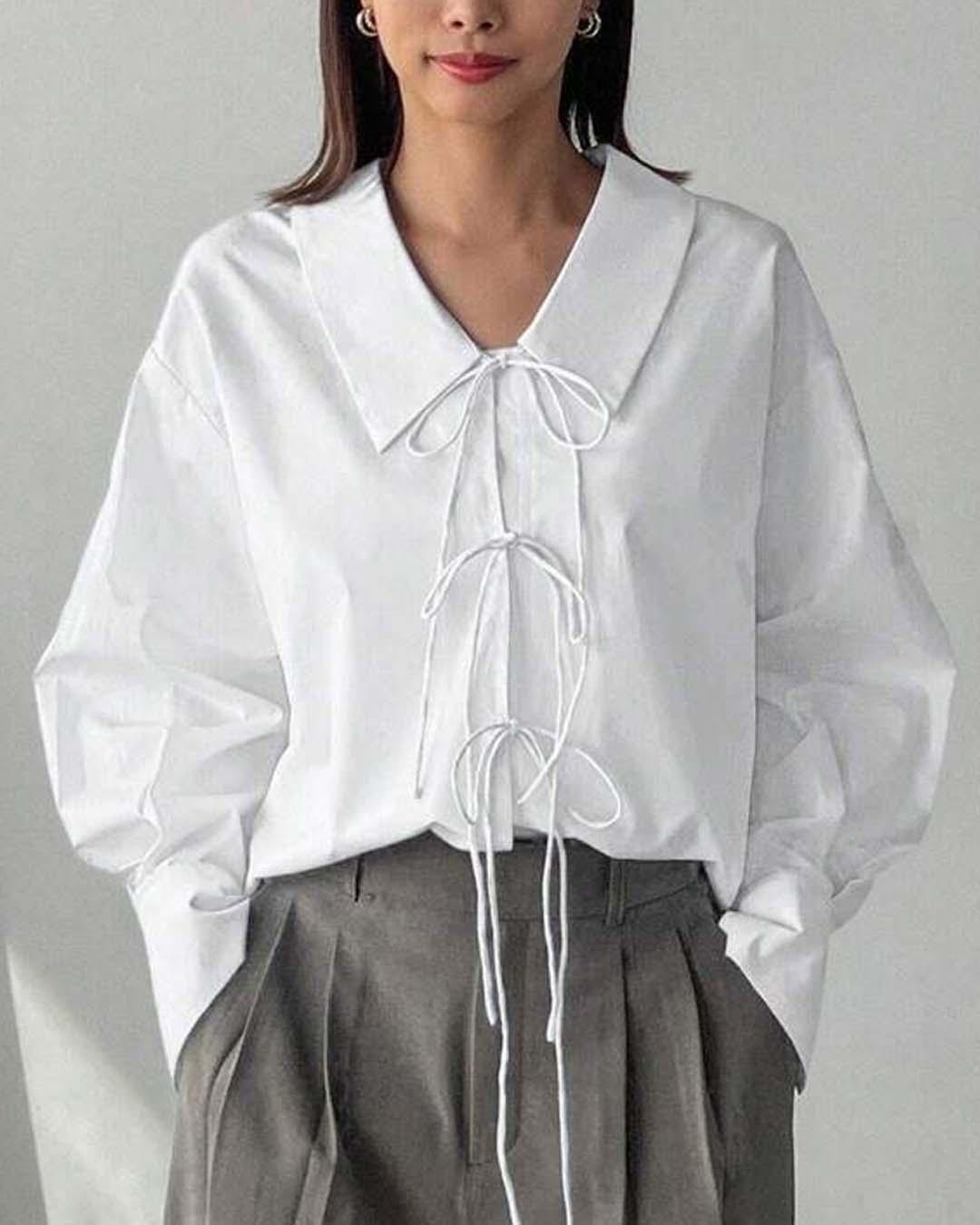 Solid Lace Up Long Sleeve Solid White Shirt