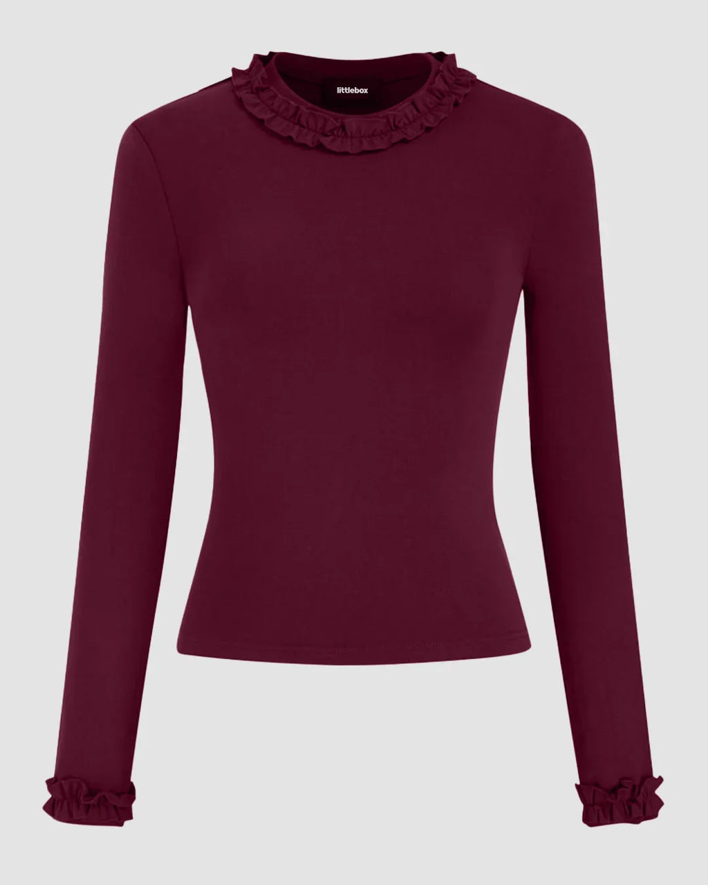 Round Neckline Long Sleeve Ruffle Trim Top in Burgundy