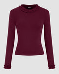 Round Neckline Long Sleeve Ruffle Trim Top in Burgundy