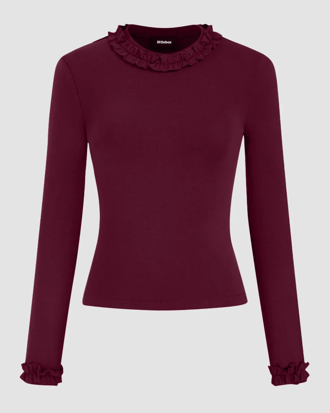 Round Neckline Long Sleeve Ruffle Trim Top in Burgundy