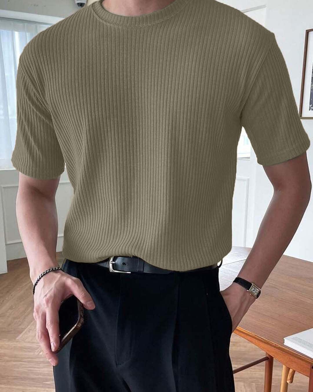 Men Round Neck Khaki Regular T-Shirt