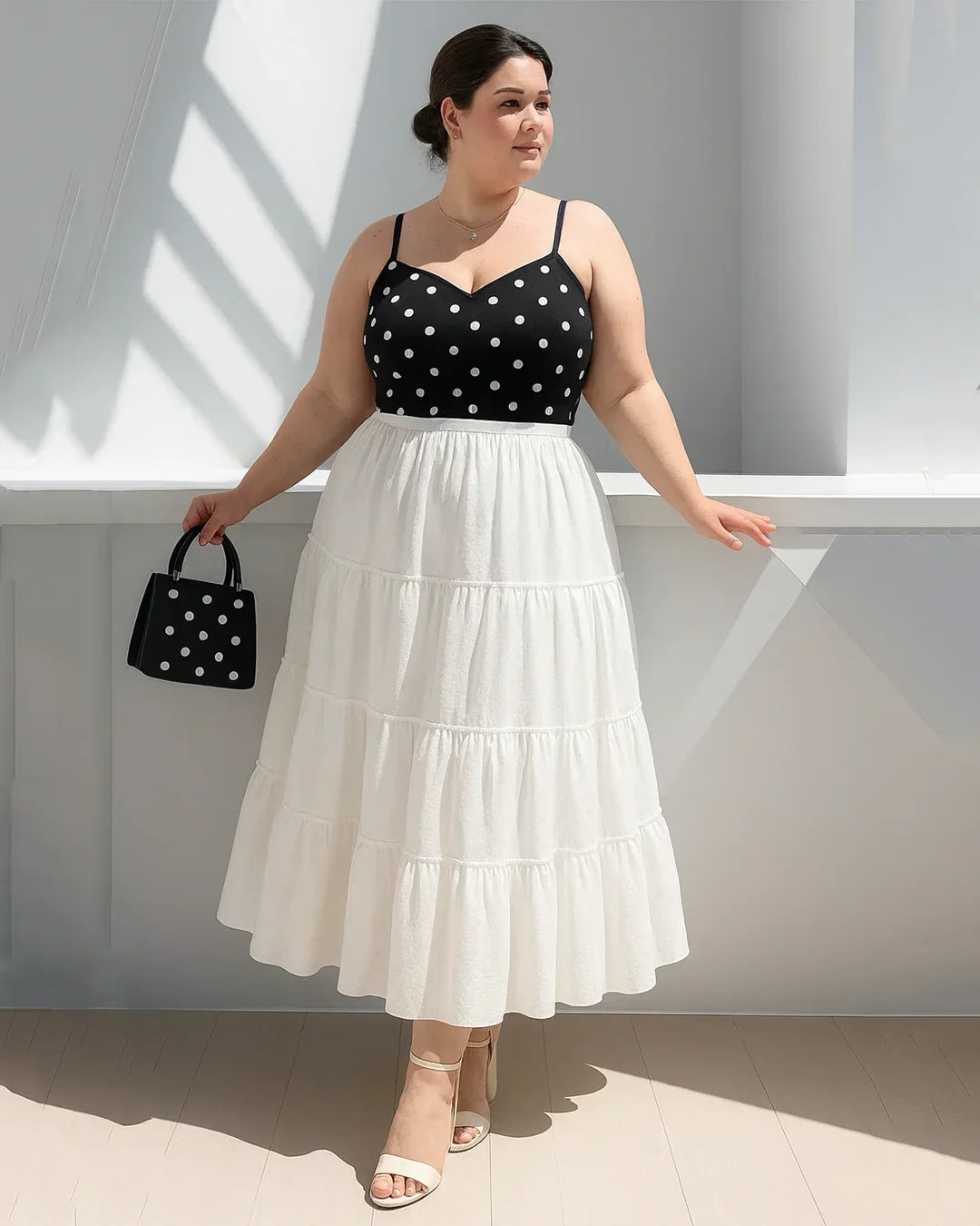 Retro Casual High Waist Solid Long Ankle Pleated Skirt in White Curve & Plus