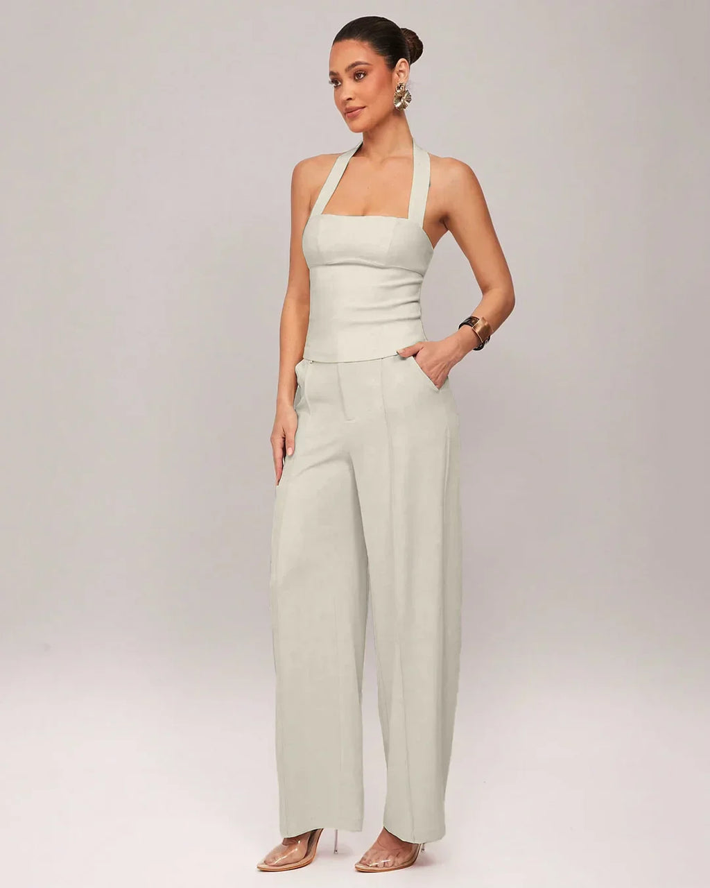 Solid Color Slim Fit Halter Neck Crop Top in Beige