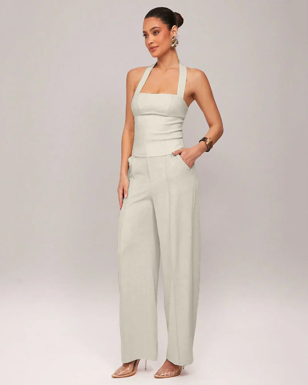Solid Color Slim Fit Halter Neck Crop Top in Beige
