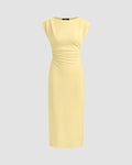 Ruched Waist Cap Sleeve Bodycon Midi Dress in Vanilla