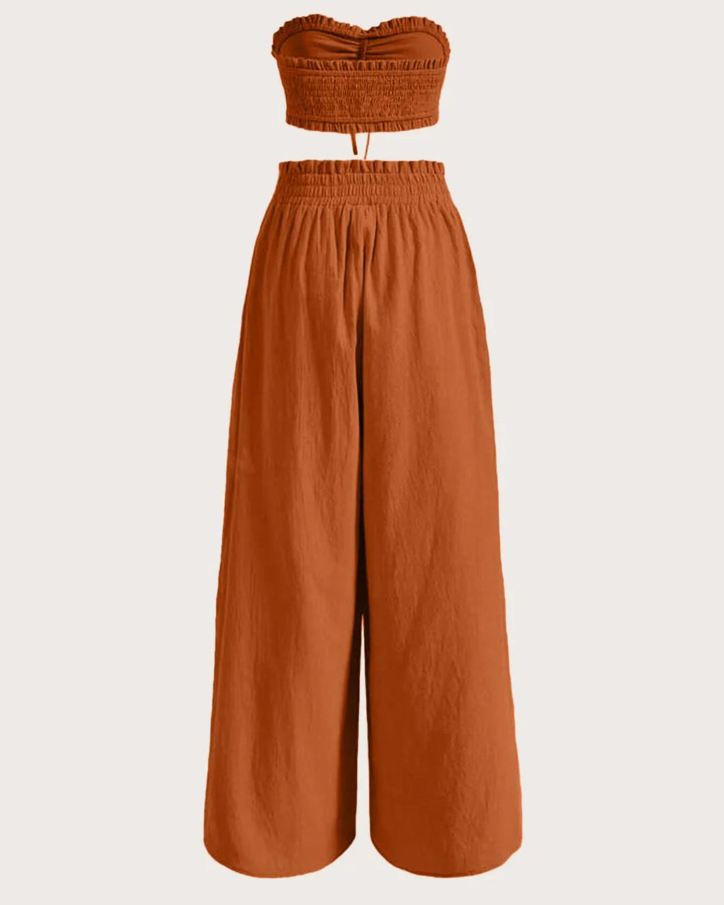 Solid Color Bandeau Top With Pleated Detailing & Wide-Leg Pant Set In Rust Orange