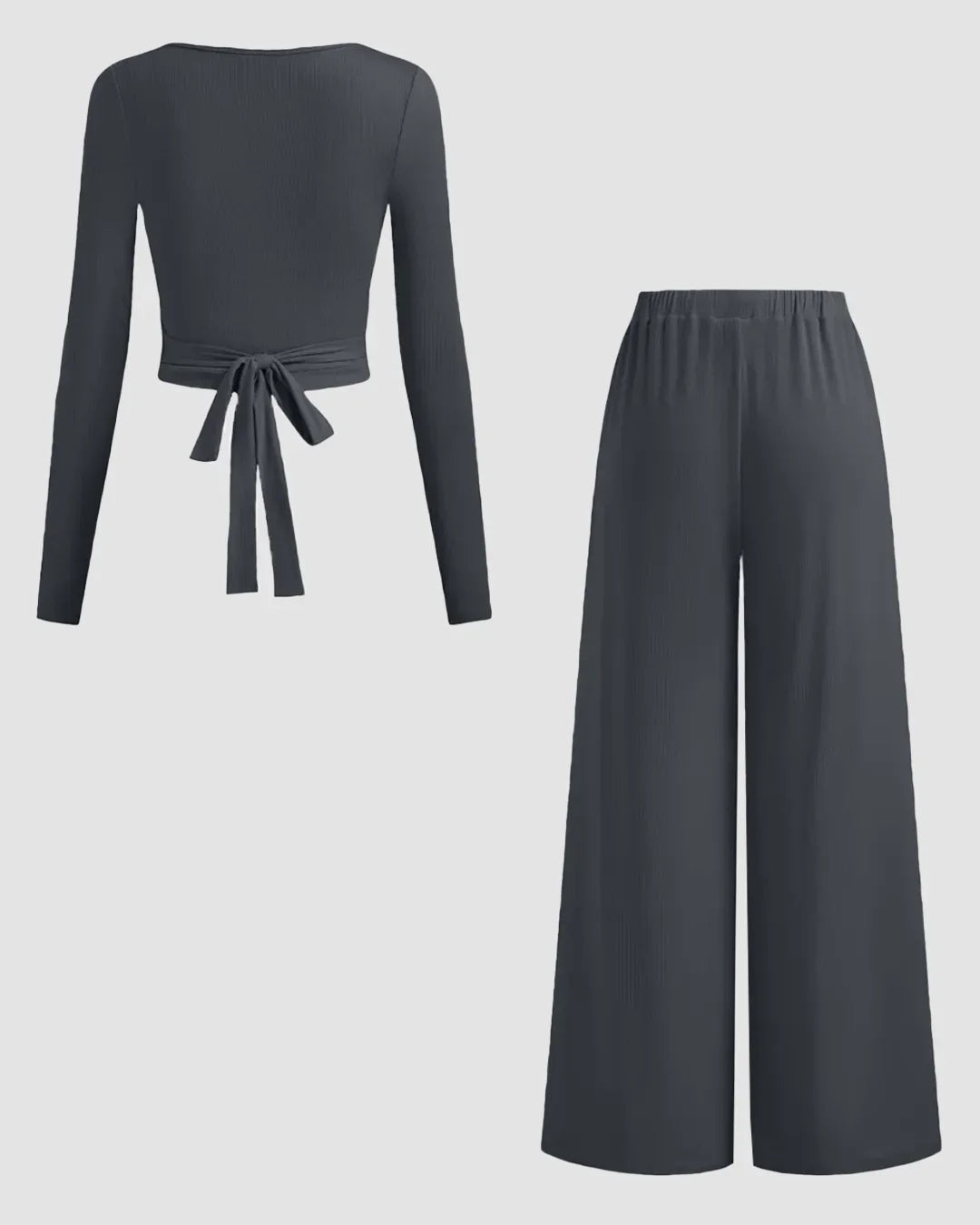 Long Sleeve Wrap Top & Wide-Leg Trousers Co-ords Set in Dark Grey