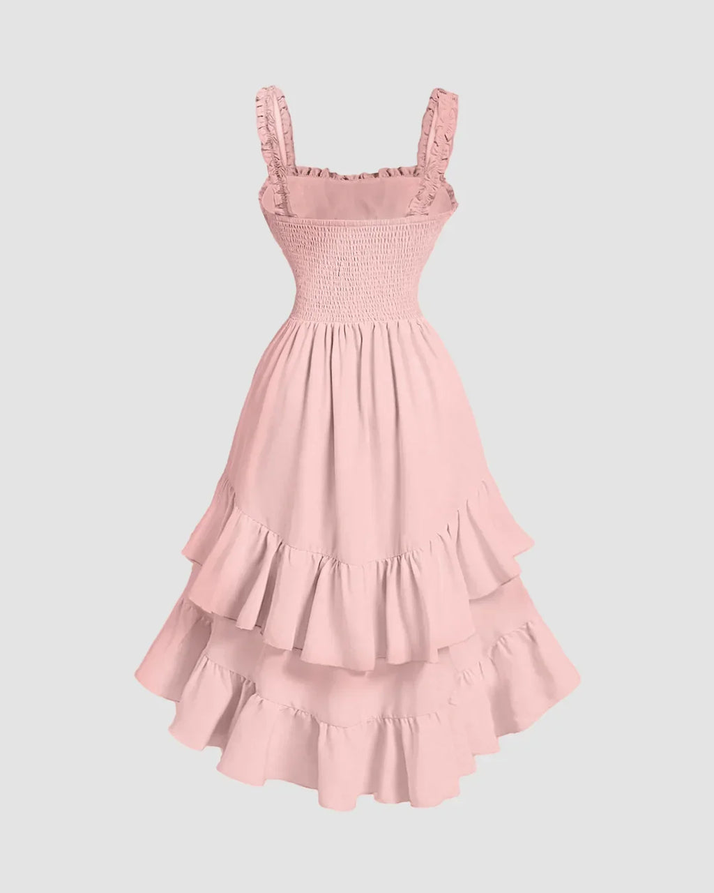 Powder Pink Ruched Square Neck Ruffle High-Low Midi Dress with Ruffle Hem