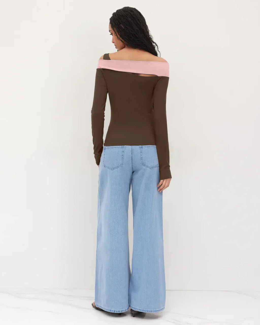 Rose and Brown Color block Off Shoulder Full Sleeve Top