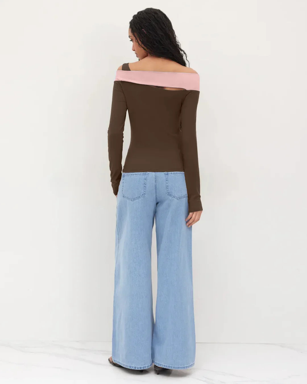 Rose and Brown Color block Off Shoulder Full Sleeve Top