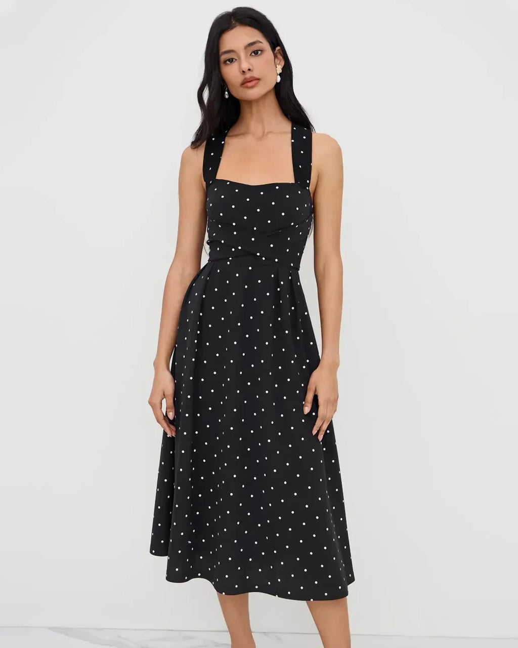 Square Neck Polka Dot Ruffle Criss Cross Maxi Dress