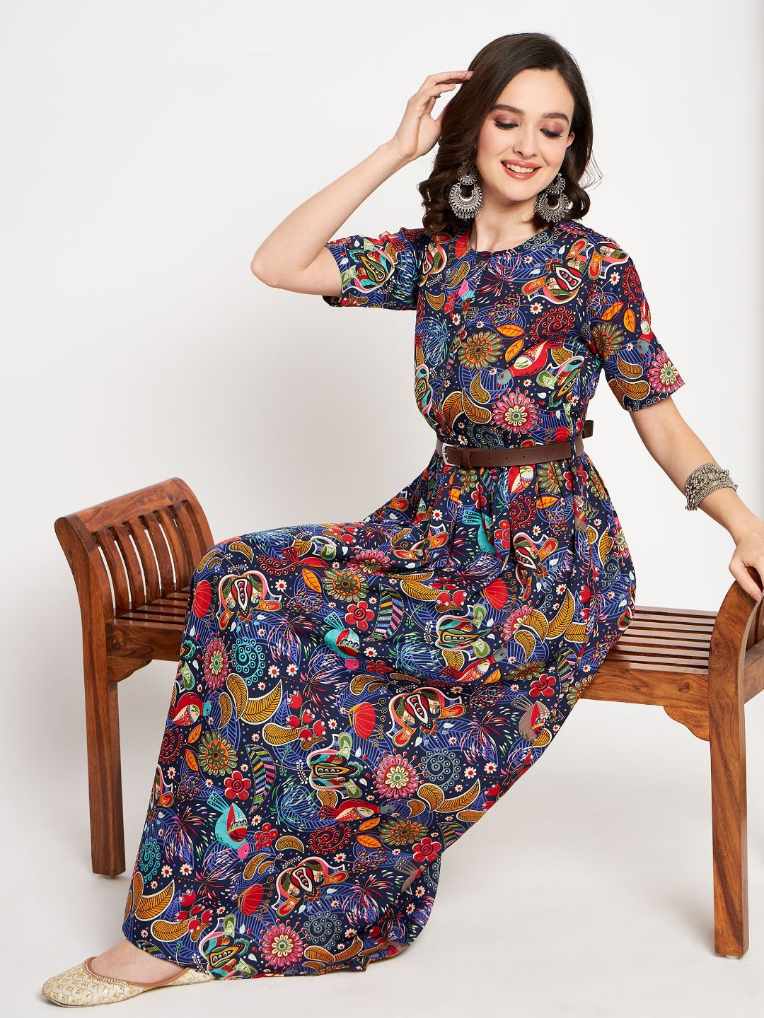 Printed Maxi Dress with Belt - Pinkkup