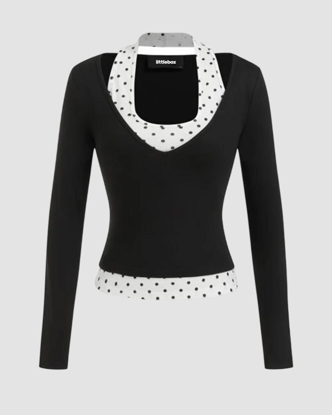 Halter Neckline Polka Dot Top & V Neck Long Sleeve Top in Black