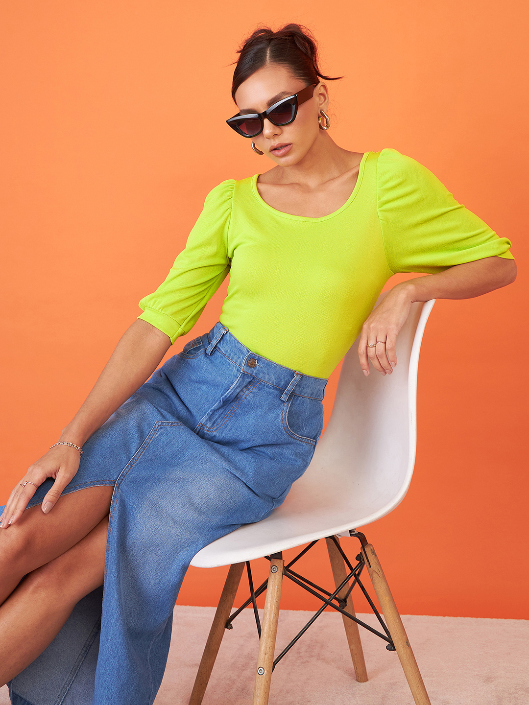 Cotton Solid Stretchable Round Neck Puff Sleeve Top - Pinkkup