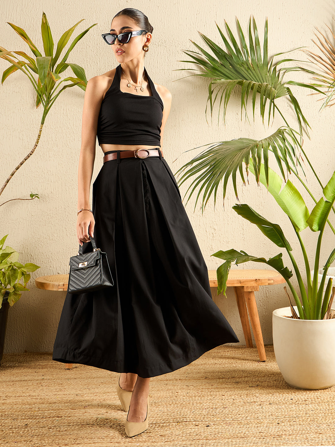 Box Pleated Linen Midi Skirt