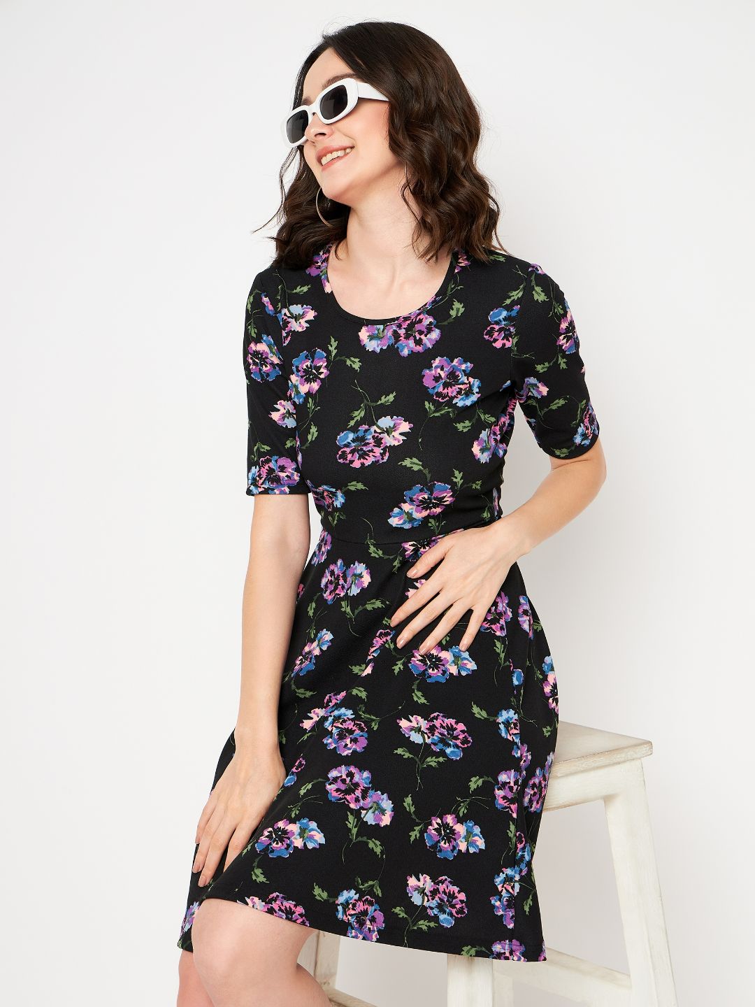 Round Neck Stretchable Cotton Skater Dress - Pinkkup