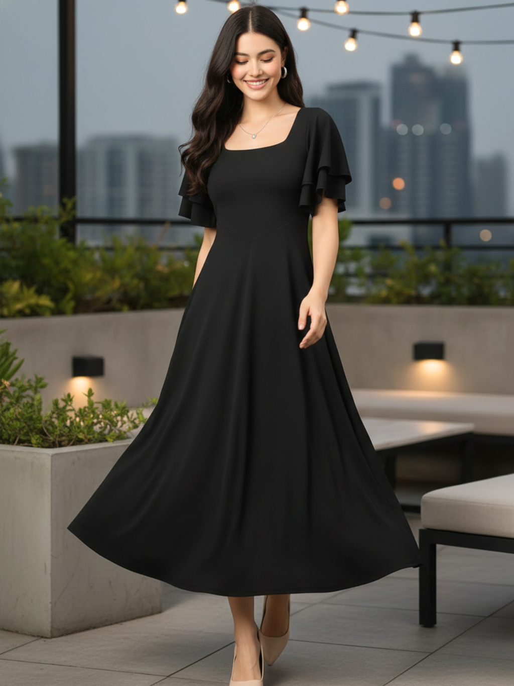 Stretchable Ruffled Sleeve Fit & Flare Dress - Pinkkup