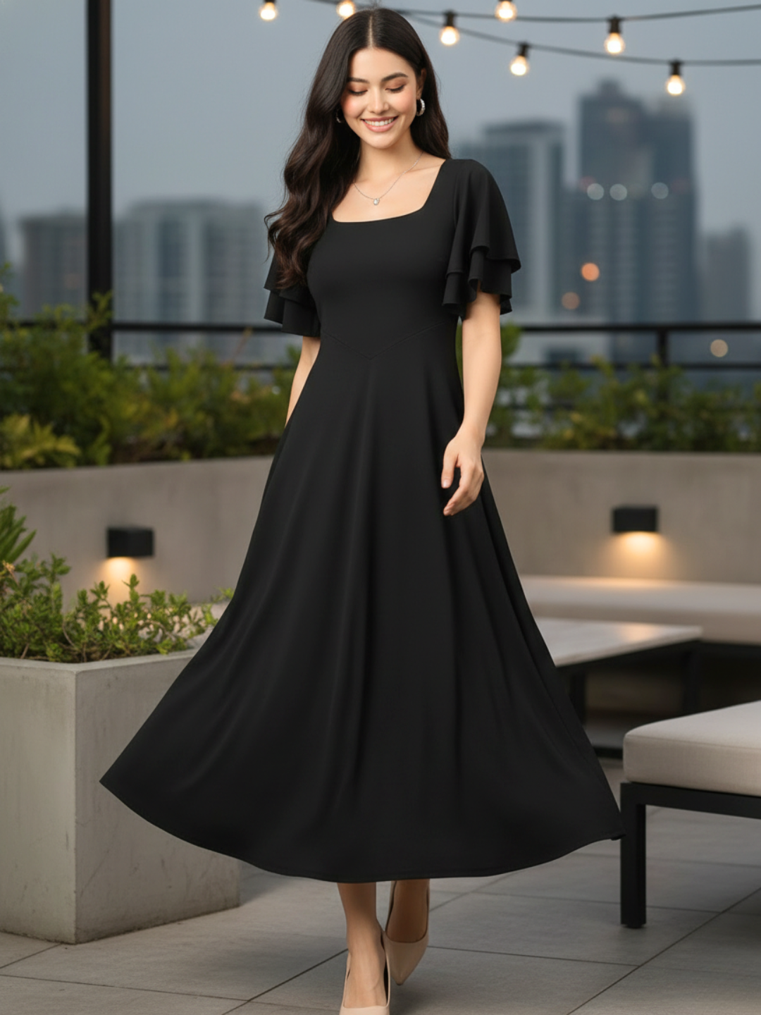 Stretchable Ruffled Sleeve Fit & Flare Dress - Pinkkup