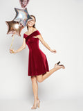 Off Shoulder Stretchable Velvet Skater Dress - Pinkkup