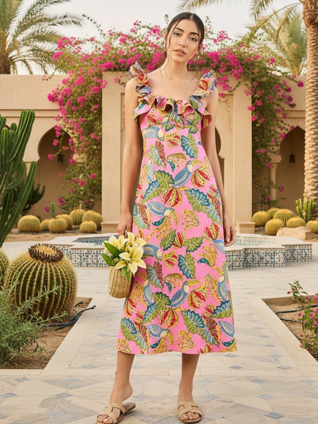 Cotton Frilled Scoop Neck Dress - Pinkkup
