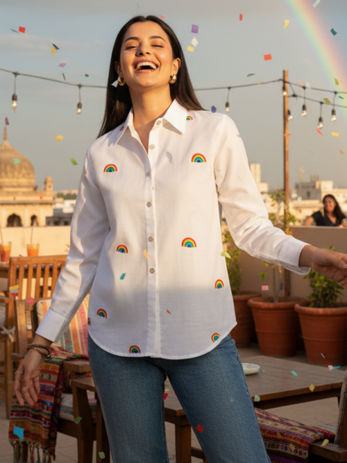 All Over Embroidered Linen Shirt - Pinkkup