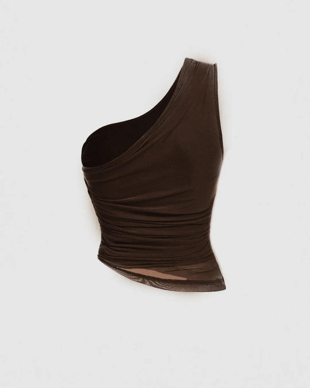Solid Asymmetrical Neck Ruched Detail Coco Brown Crop Top