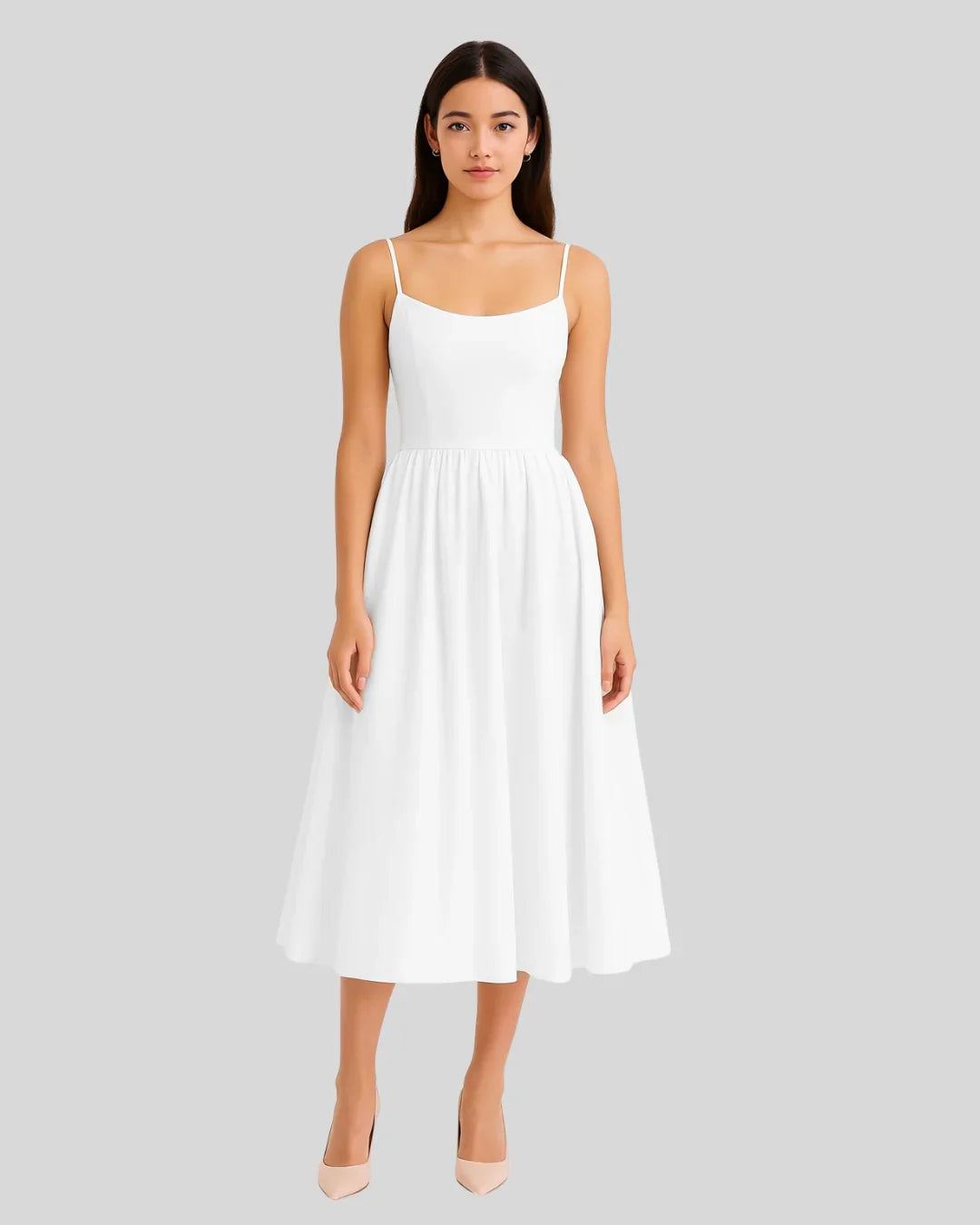 Spaghetti Strap Fit & Flare Sleeveless Midi Dress in White
