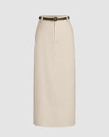 Linen-blend Mid Rise Solid Midi Skirt Without Belt In Apricot