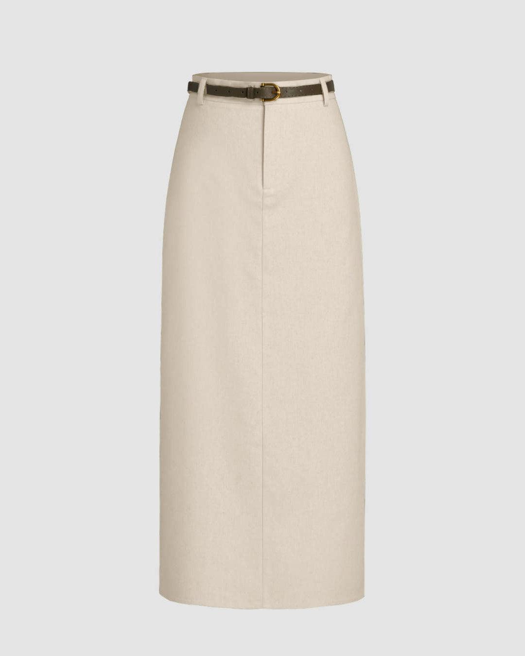 Linen-blend Mid Rise Solid Midi Skirt Without Belt In Apricot