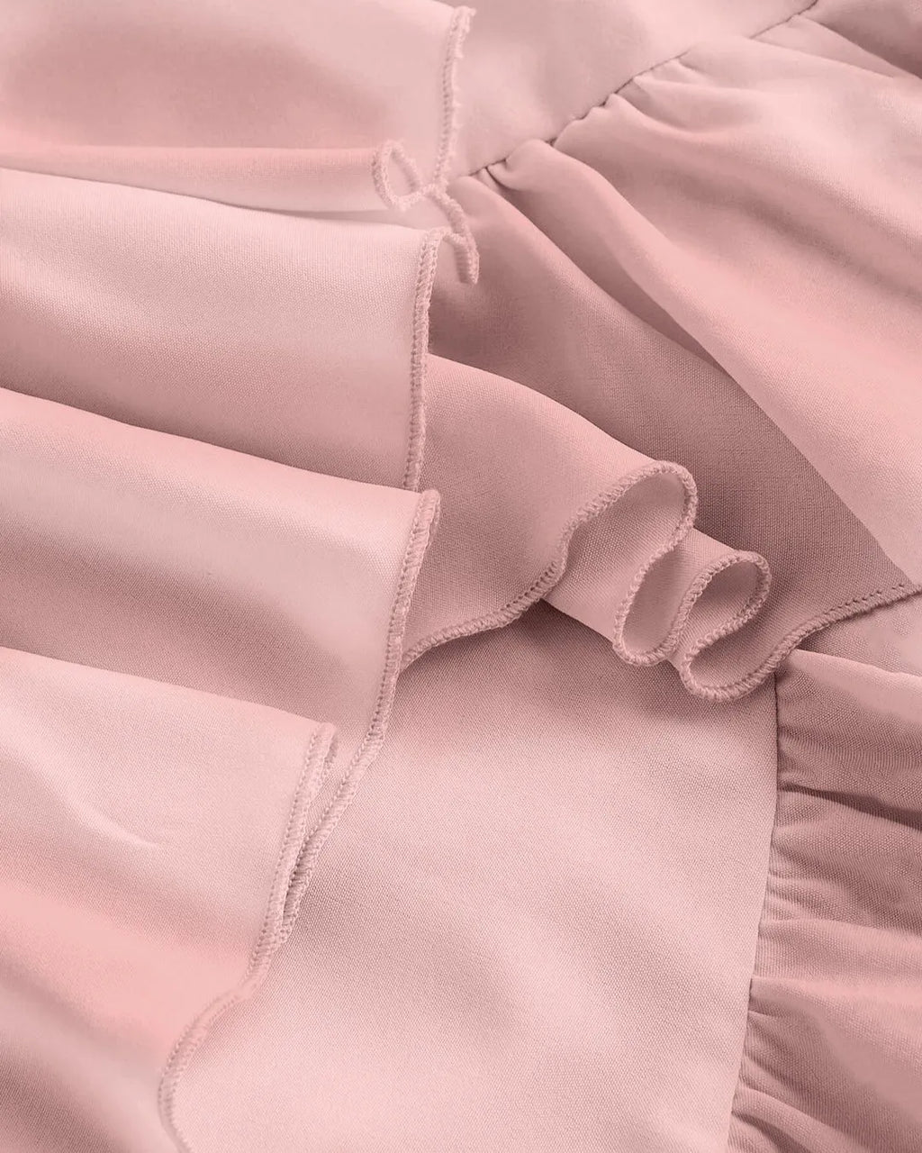 Powder Pink Ruched Square Neck Ruffle High-Low Midi Dress with Ruffle Hem