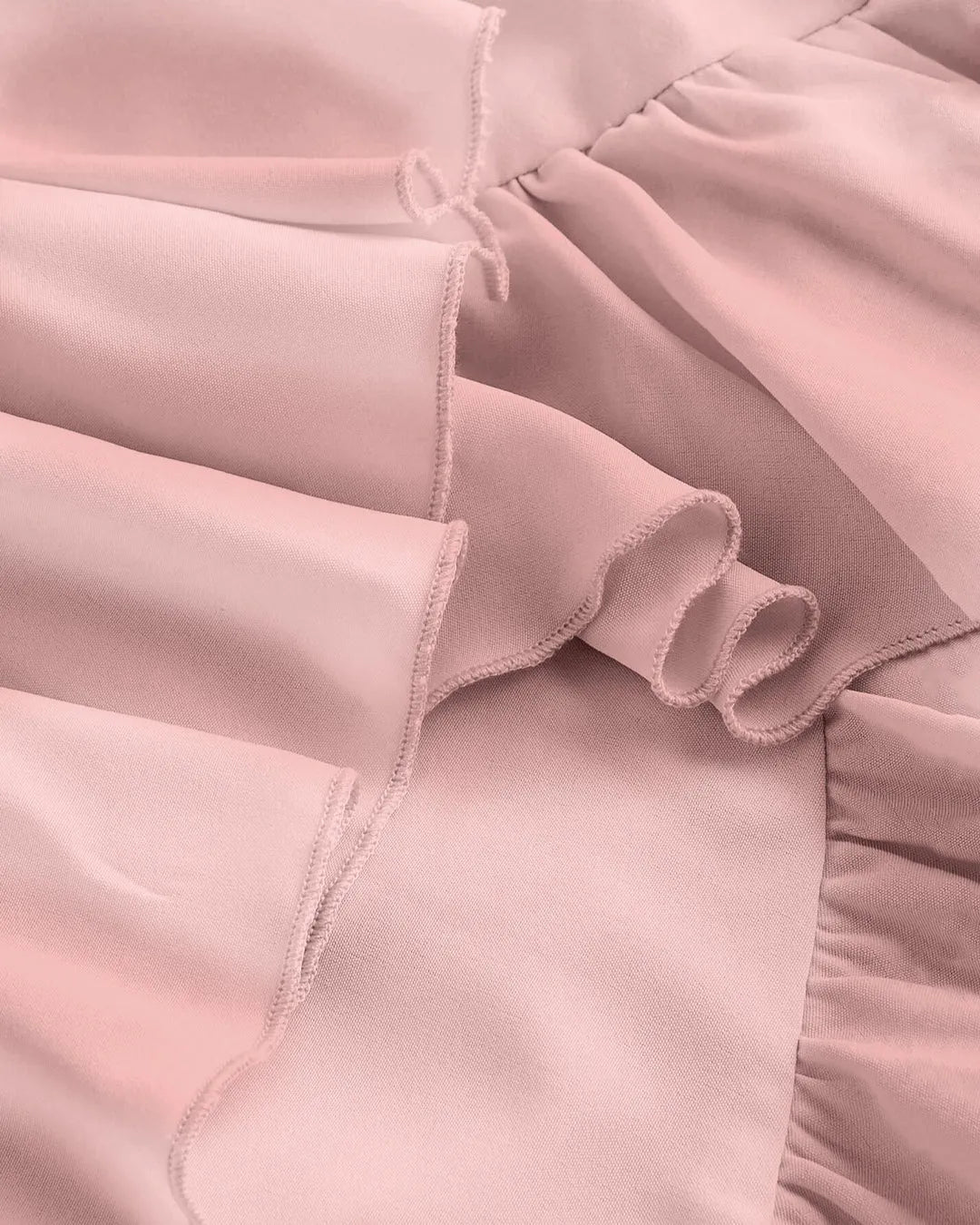 Powder Pink Ruched Square Neck Ruffle High-Low Midi Dress with Ruffle Hem