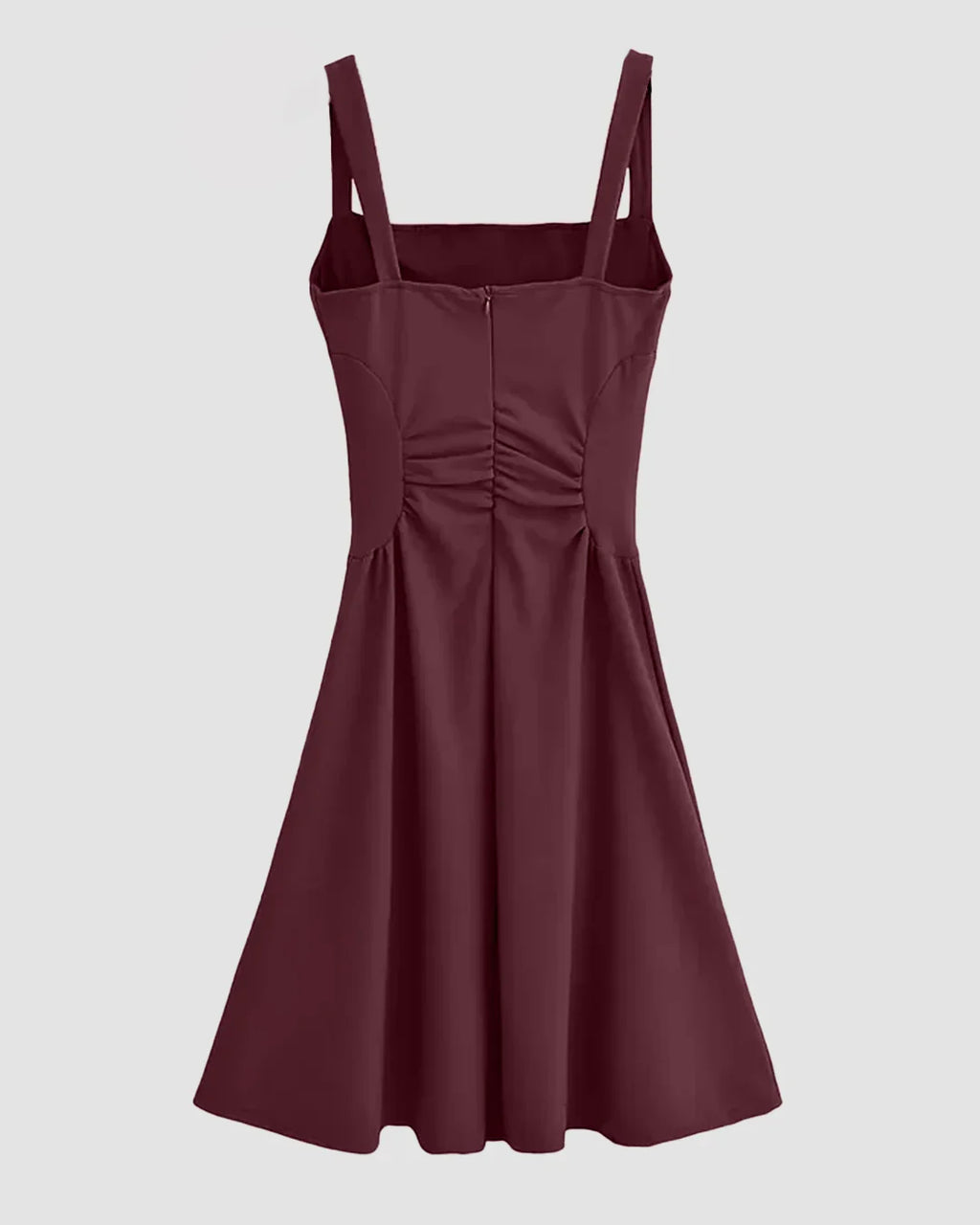 Spaghetti Strap Square-Neck Plain Ruched Midi Dress in Maroon