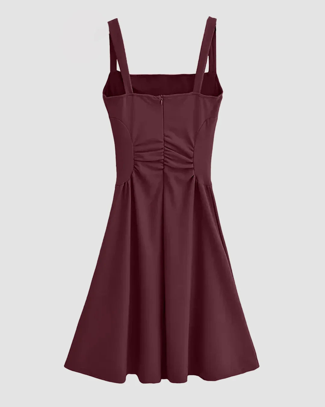 Spaghetti Strap Square-Neck Plain Ruched Midi Dress in Maroon