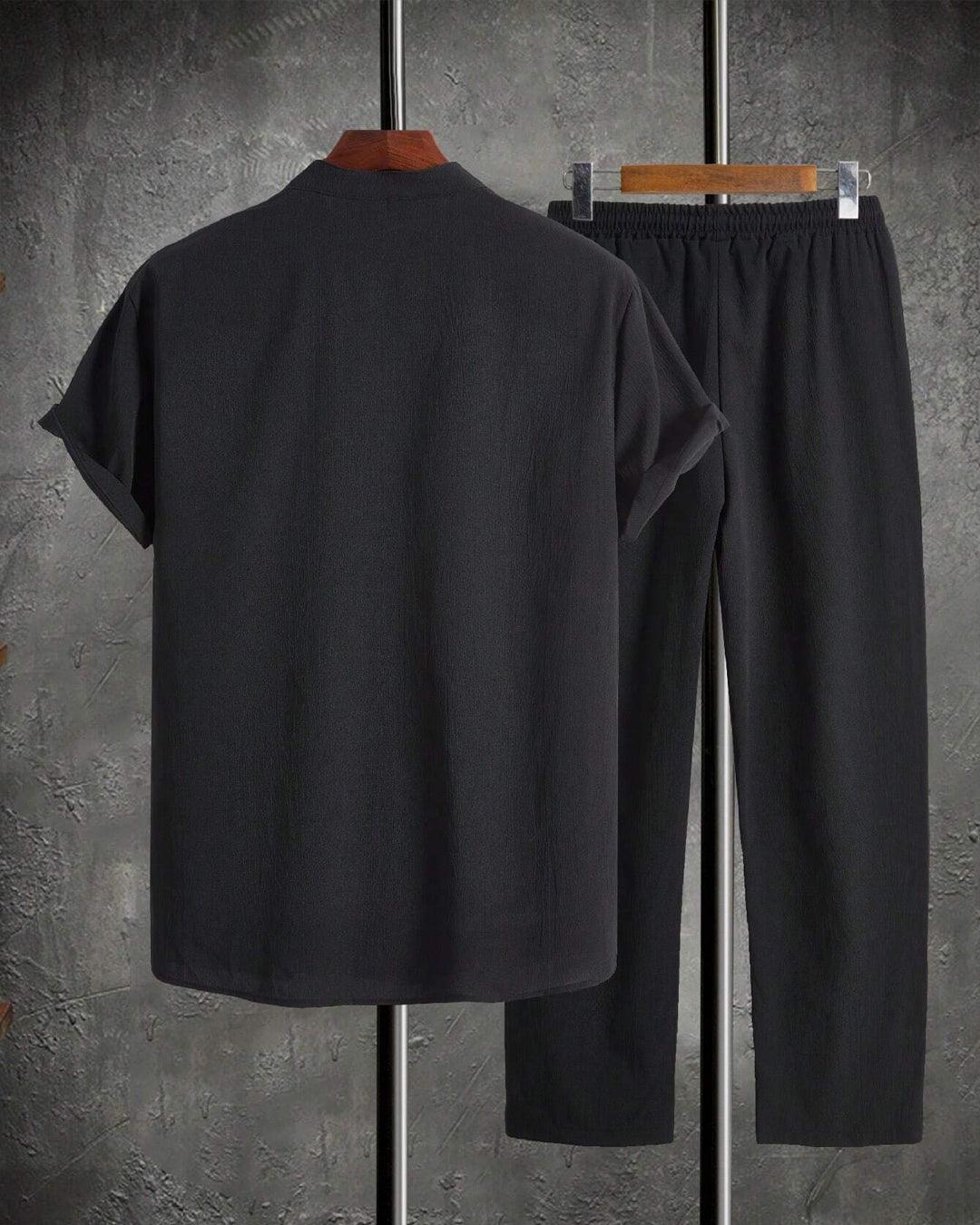 Men Solid Color Half-Button Short Sleeve Shirt And Pocketed Long Pants Summer Casual Set