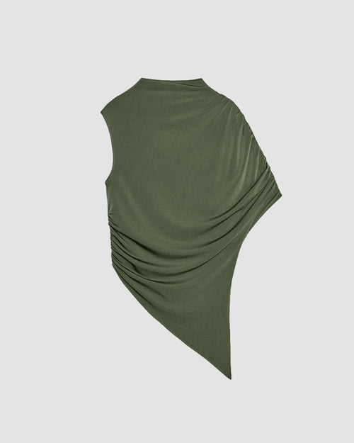 Asymmetrical Green Ruched Sleeve Draped Top with High Mock Neck