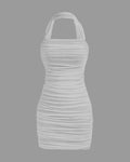 Solid Ruched Halter Bodycon White Dress