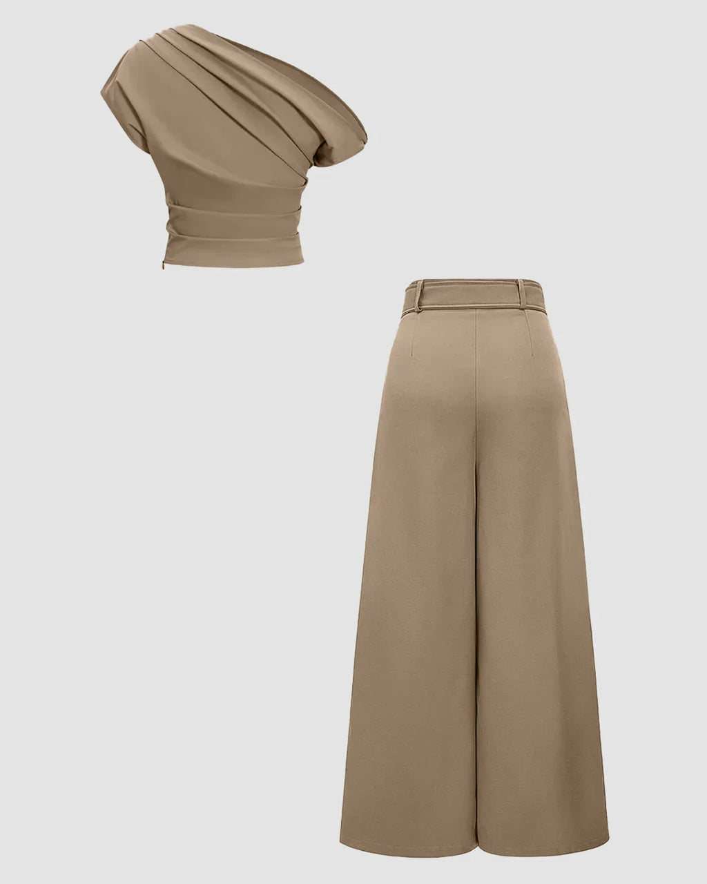 Latte One Shoulder Ruched Top & Wide-Leg Trousers Set