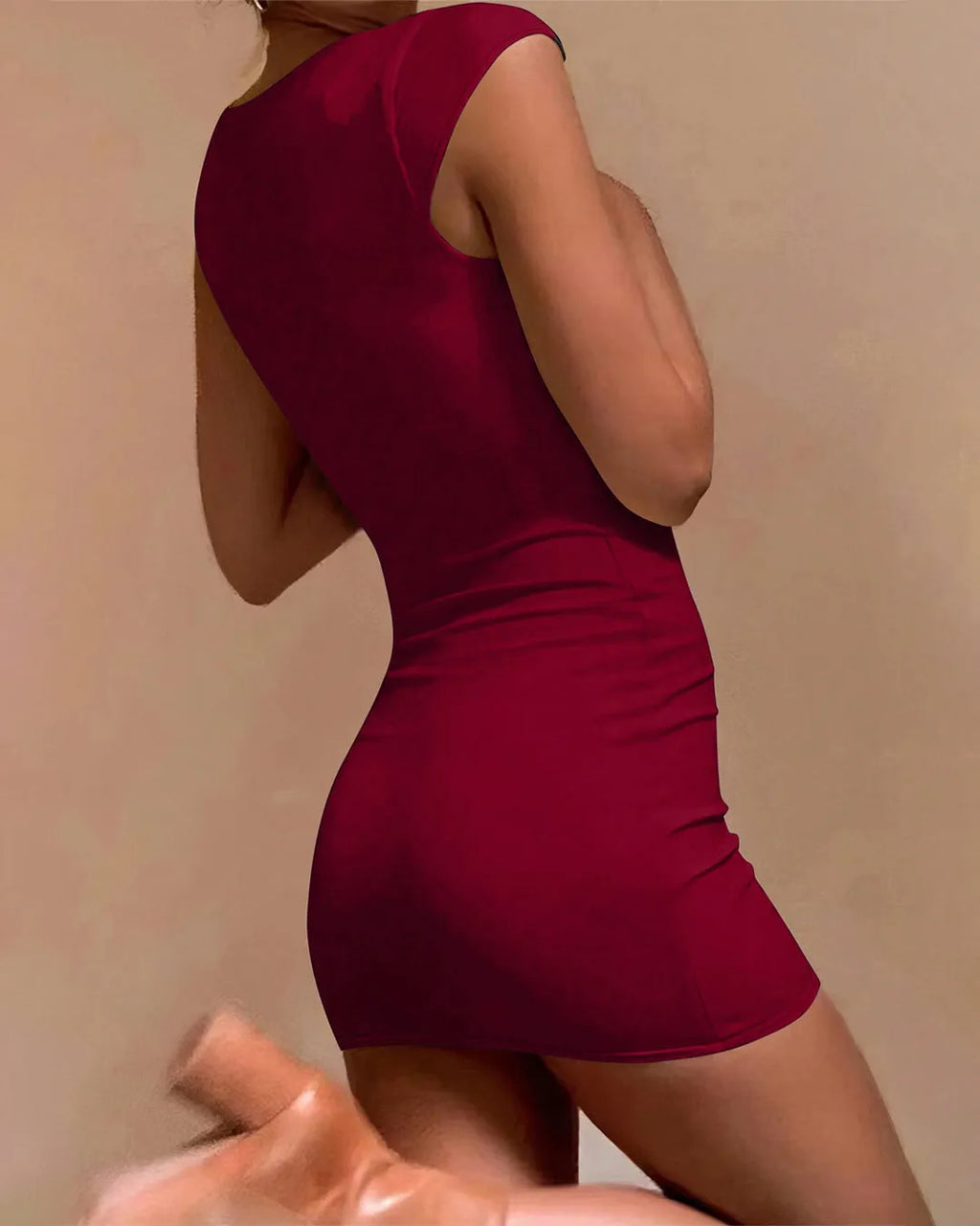 Chic Square Neckline Short Sleeve Mini Dress In Burgundy