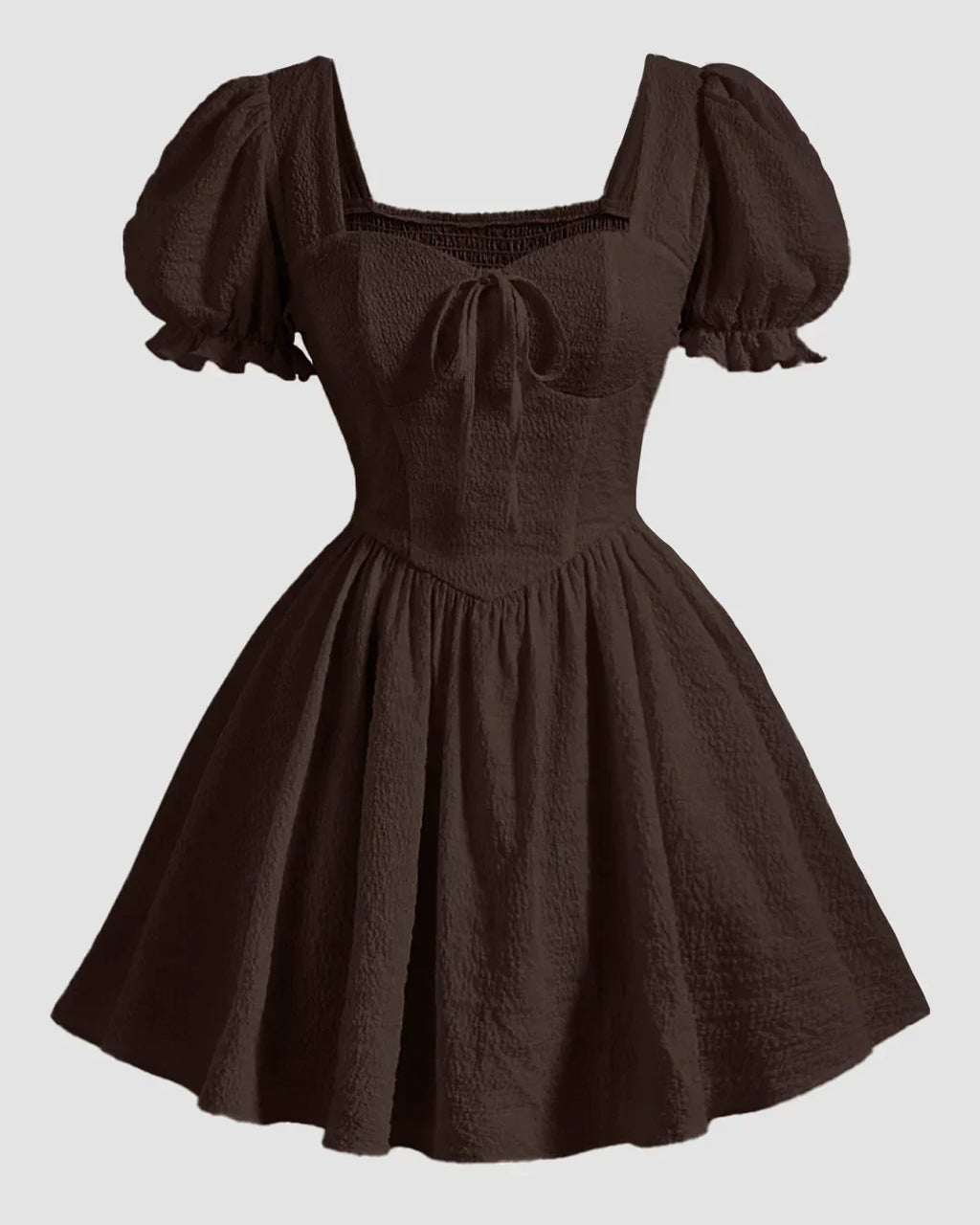 Square Neck Puff Sleeve A-Line Mini Dress in Chocolate Fondue