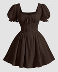 Square Neck Puff Sleeve A-Line Mini Dress in Chocolate Fondue