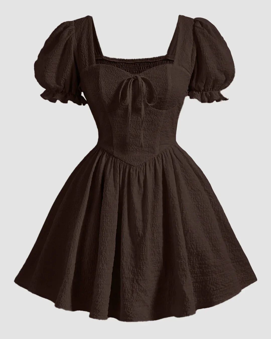 Square Neck Puff Sleeve A-Line Mini Dress in Chocolate Fondue